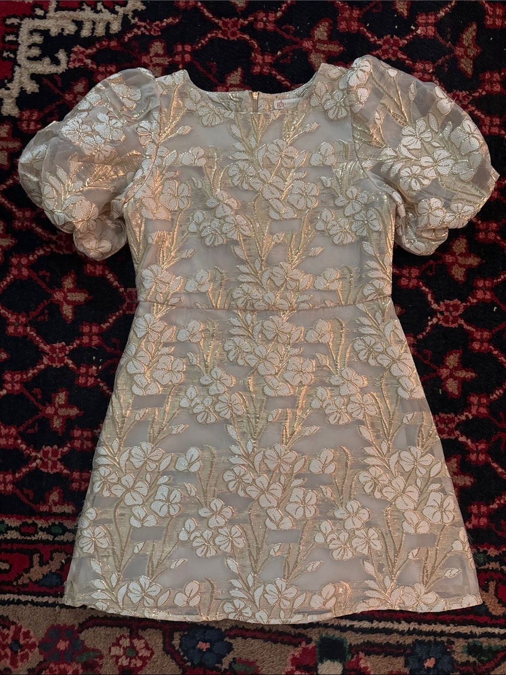 GB girls Cream Mini Dress with Gold Floral Embroidery